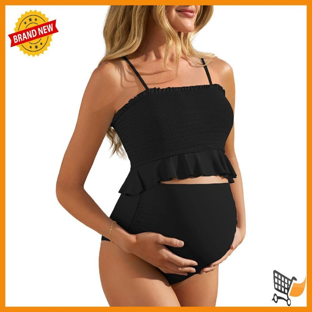 Maternity Bikini Set High Waist Ruffle Hem Shirred Bandeau Two Piece Swimwear